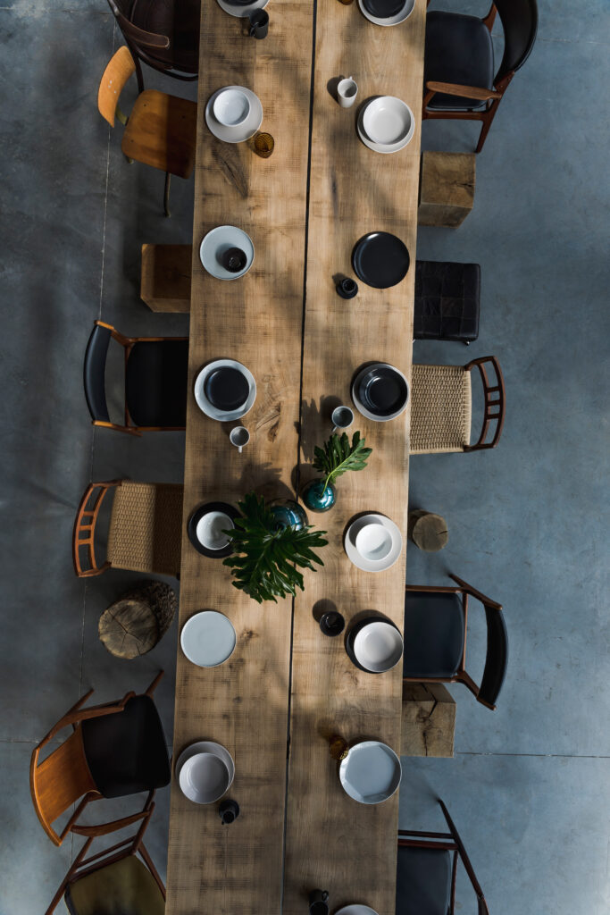 creative-composition-with-long-rustic-wooden-dining-table-with-accessories-template-top-view